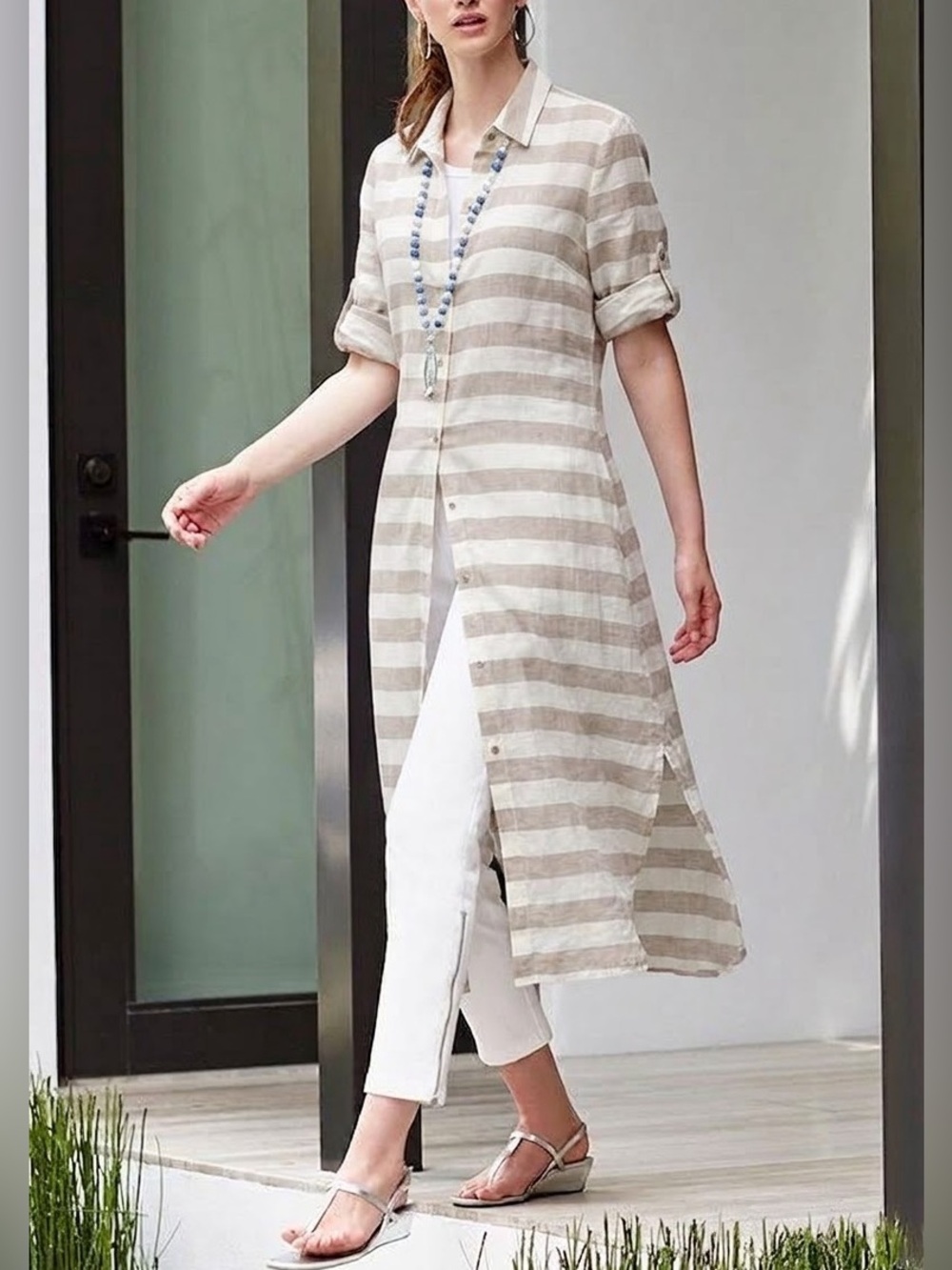 Chico's Beige and White Striped Longline Tunic